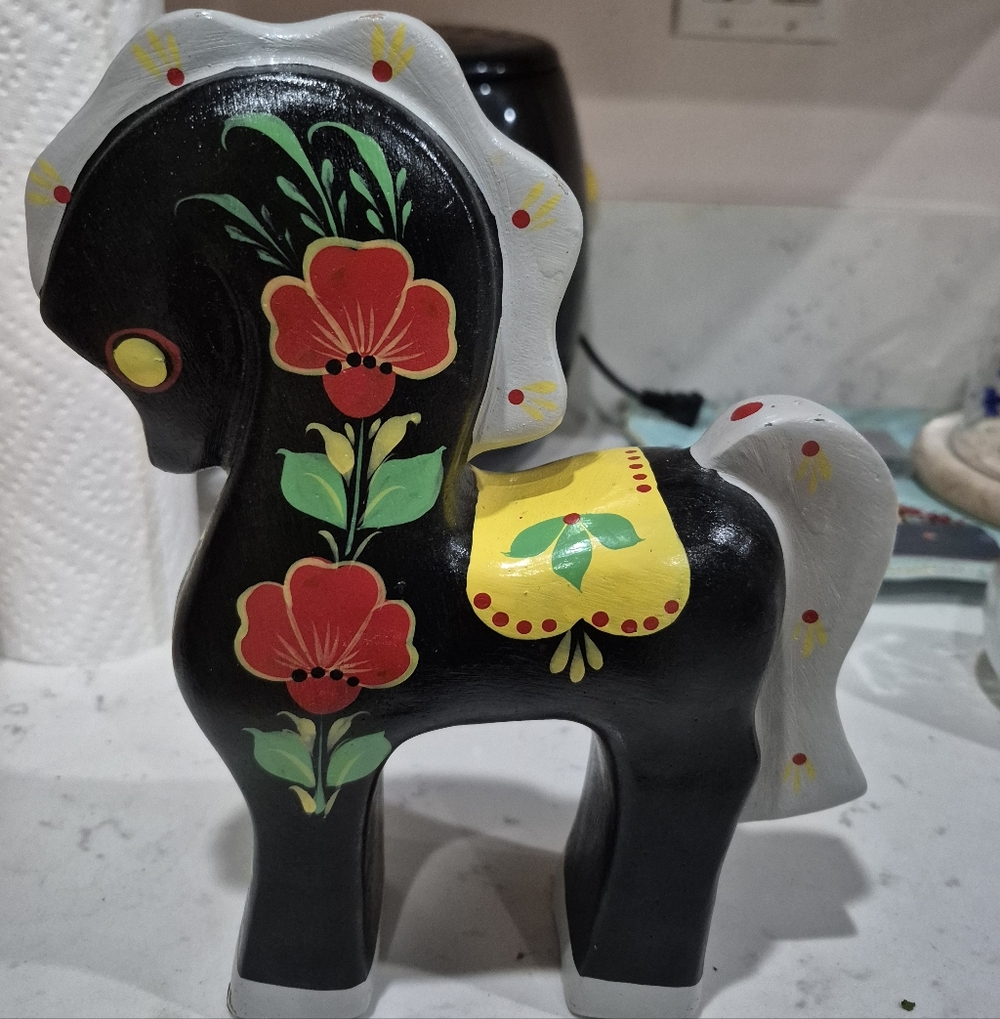 Russian Fok Art Hand-Painted Black Horse Figurine with Floral Design